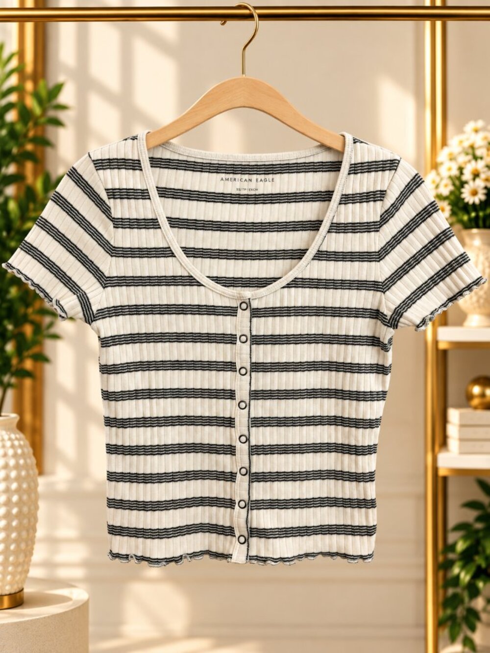 American Eagle Striped Ribbed Button Front Baby Tee XS